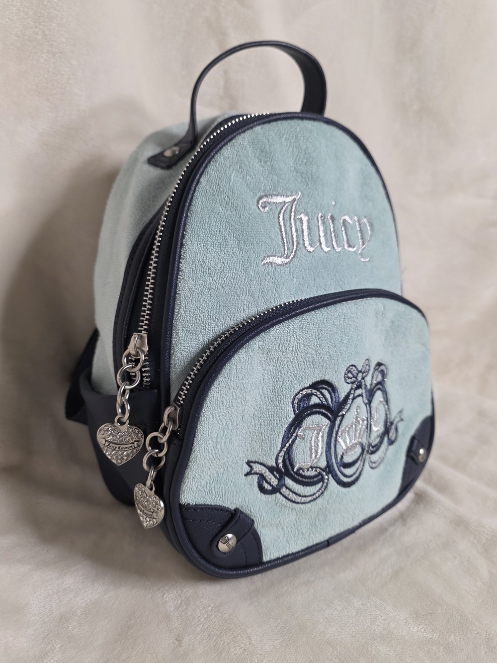 ✨ NWOT Juicy Couture Heritage Velour Mini Backpack - Pastel Turquoise / Navy Blu